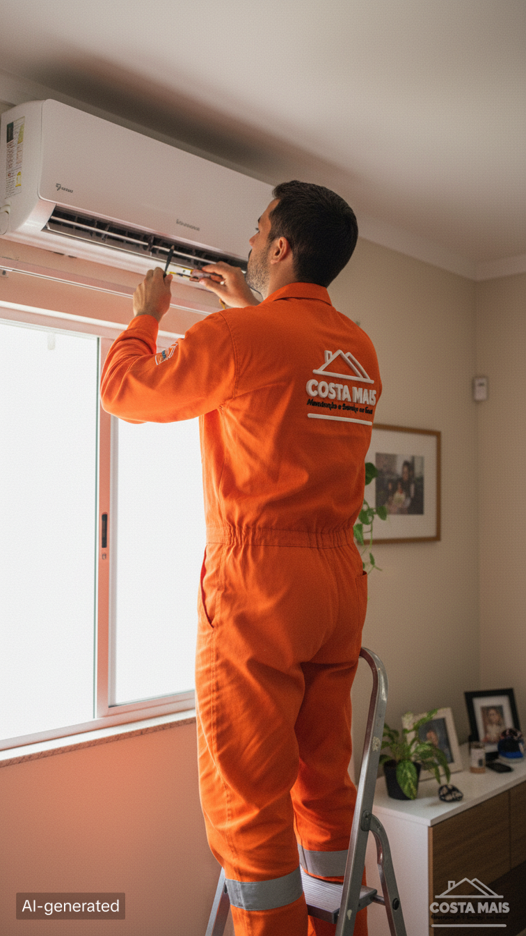 Técnico da Costa Mais trabalhando em aparelho de ar-condicionado