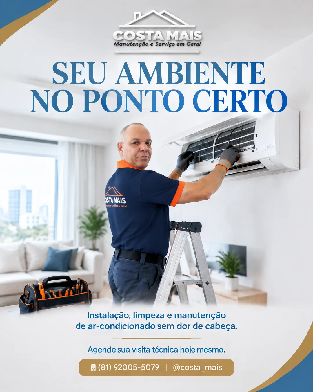 Profissional Costa Mais realizando manutenção em ar-condicionado